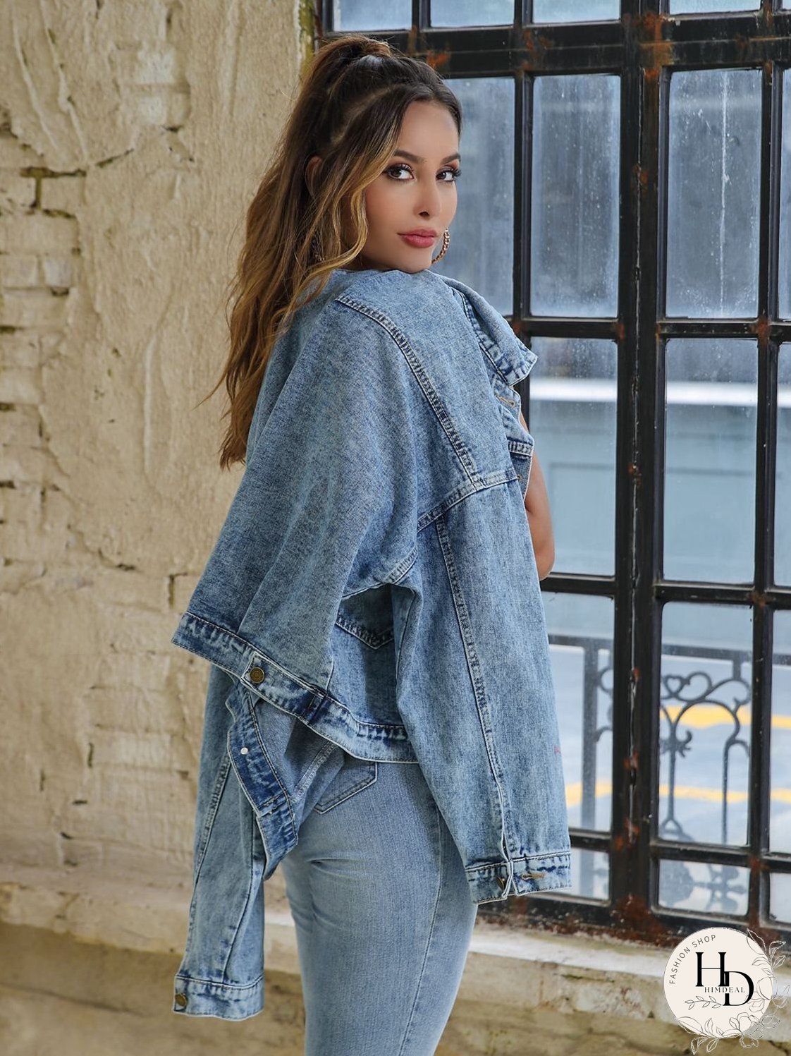 Collared Neck Dropped Shoulder Denim Jacket