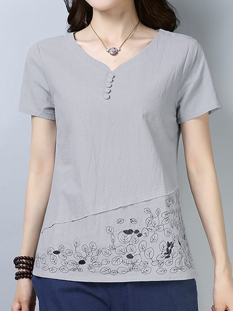 Leaves Embroidered Short Sleeve V neck T shirt For Women P1672331