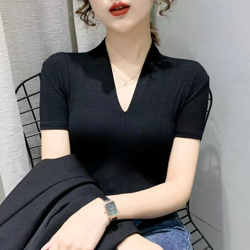 Elastic Solid Color V-neck T-shirt Women&#39;s Knitted Short-sleeved Bottoming Shirt 2022 Summer New Slim Fit Comfortable Sexy Top