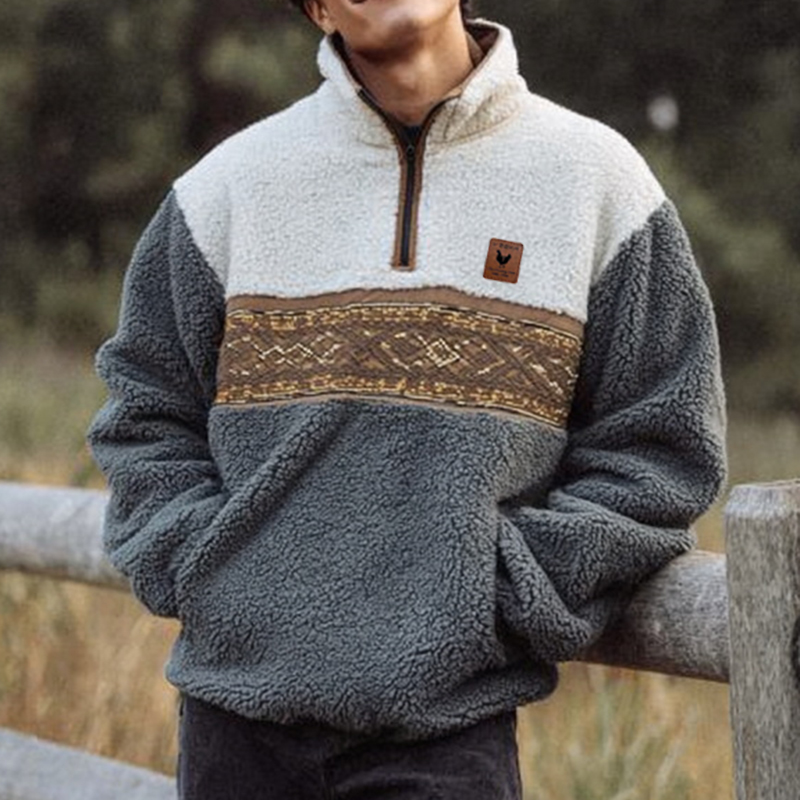 Men's Surfing Style Dark Gray Loose Casual Autumn And Winter New Lambskin Splicing Sweatshirt