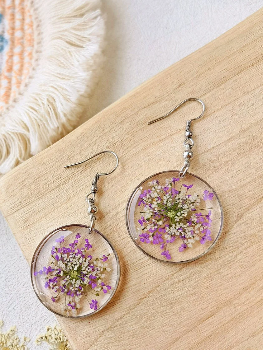 Forget Me Not Queen Anne Lace Resin Pressed Flower Earrings