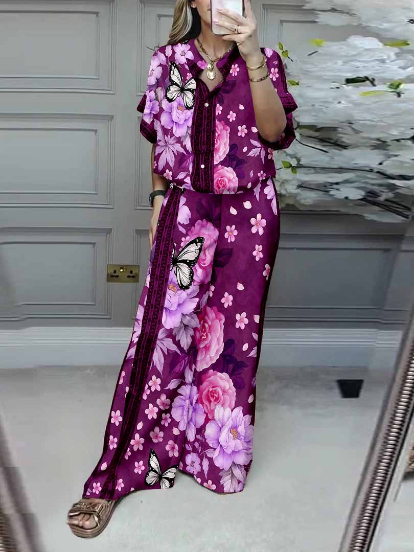 Women Floral, Butterfly, Red DZDL1174 V-neck Short Sleeve Blouse and Pants Set