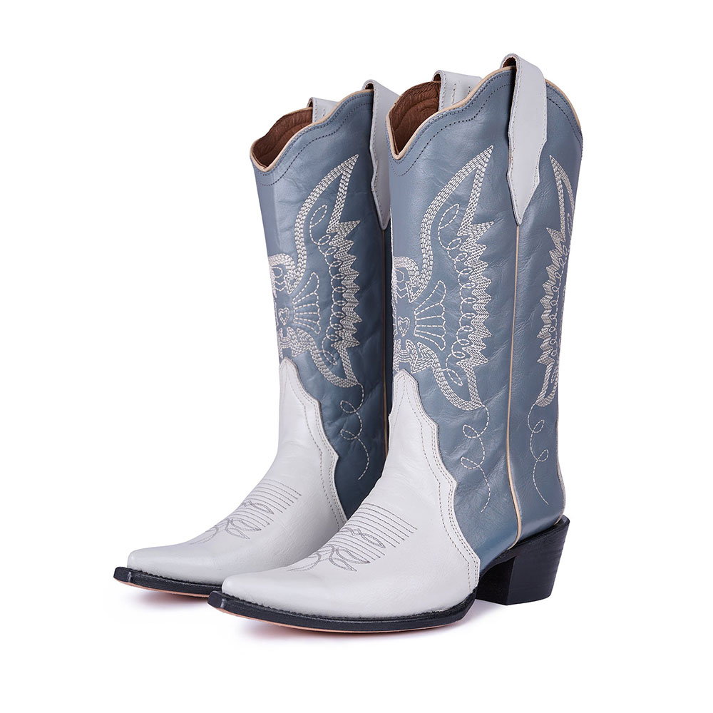 Greyish Blue & White Embroidered Snip Toe Cowgirl Boots for Women Nicepairs