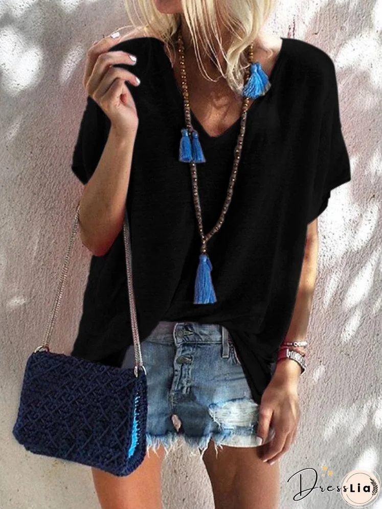 Loose Candy Color V-Neck Short Sleeve T-Shirt for Women