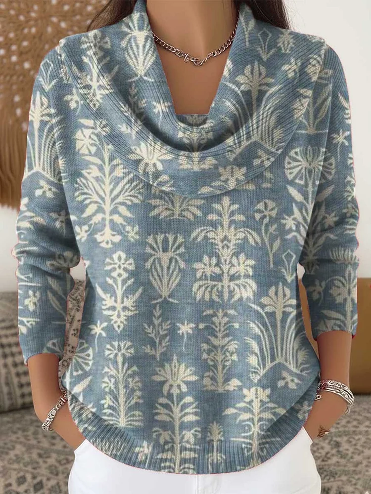 Women's Floral Pattern Art Print Cowl Neck Sweater