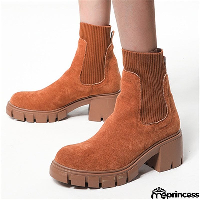 Winter Daily Women Chunky Heels Suede Chelsea Martin Boots