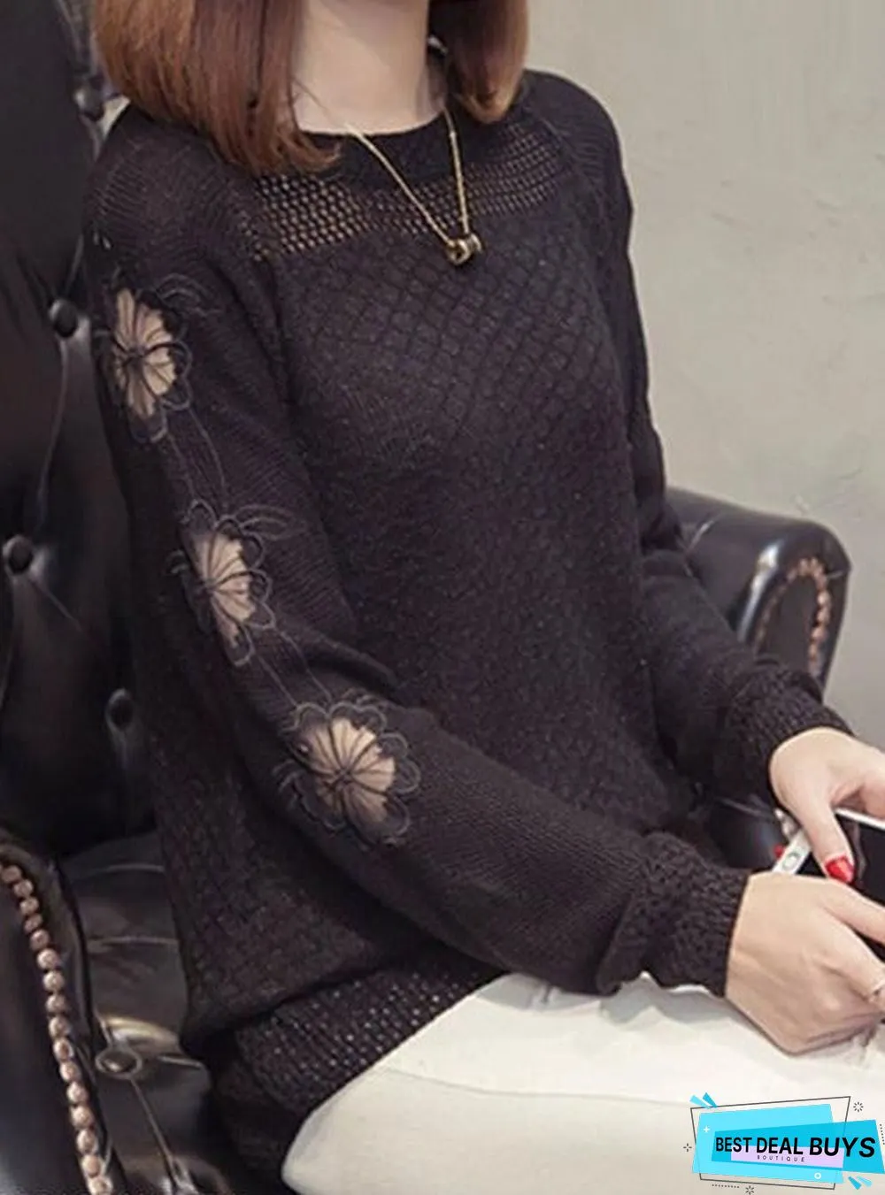 Round Neck Patchwork Elegant Plain Long Sleeve Knit Pullover