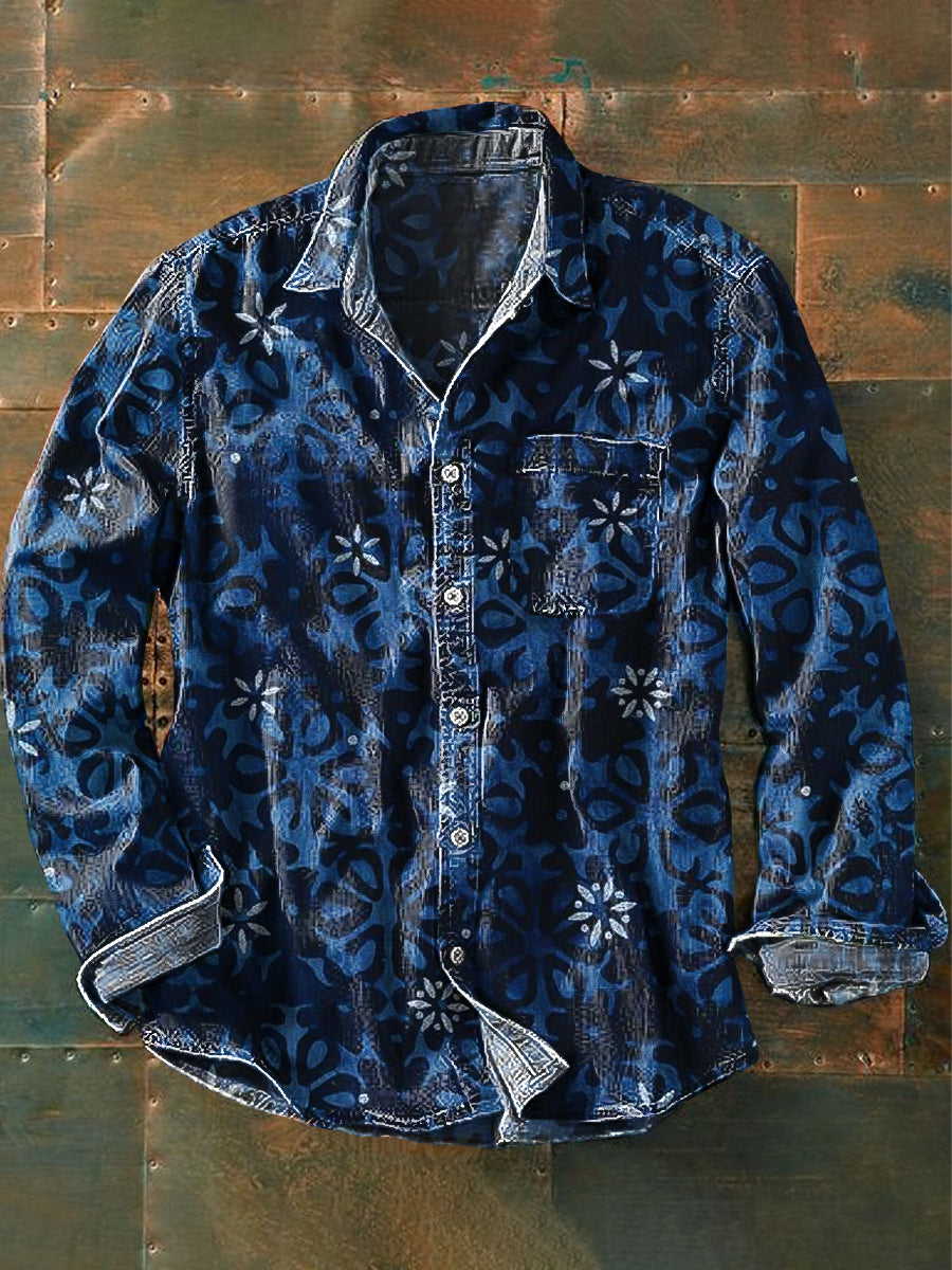 Men's Vintage Abstract Blue Floral Art Print Lapel Long Sleeve Pocket Shirt