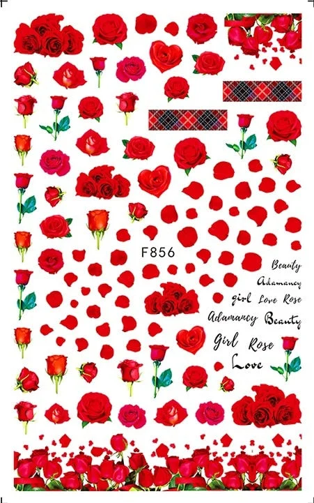 Purple Red Pink Rose Flower 3D Nail Sticker Leaves Love Heart Self-Adhesive Slider Art Decorations Decals Manicure Accessories-Nail Inspo