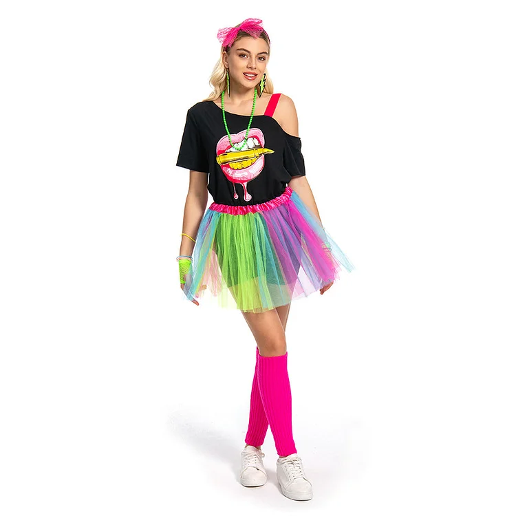 70s 80s Fancy Disco Dress Women Tutu Skirt Retro Party Hippie Costume Outfits Set