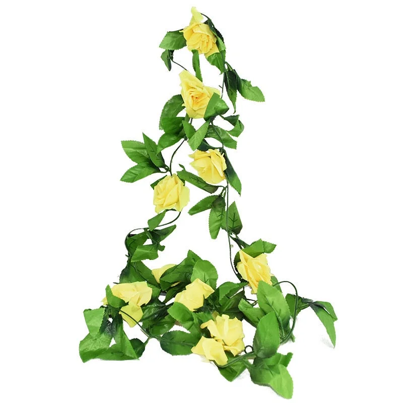 2.4m Silk Artificial Roses Flowers Rattan String Vine with Green Leaves For Home Wedding Garden Decoration Hanging Garland Wall
