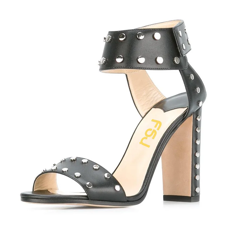 Black Studs Shoes Chunky Heel Ankle Strap Office Sandals |FSJ Shoes