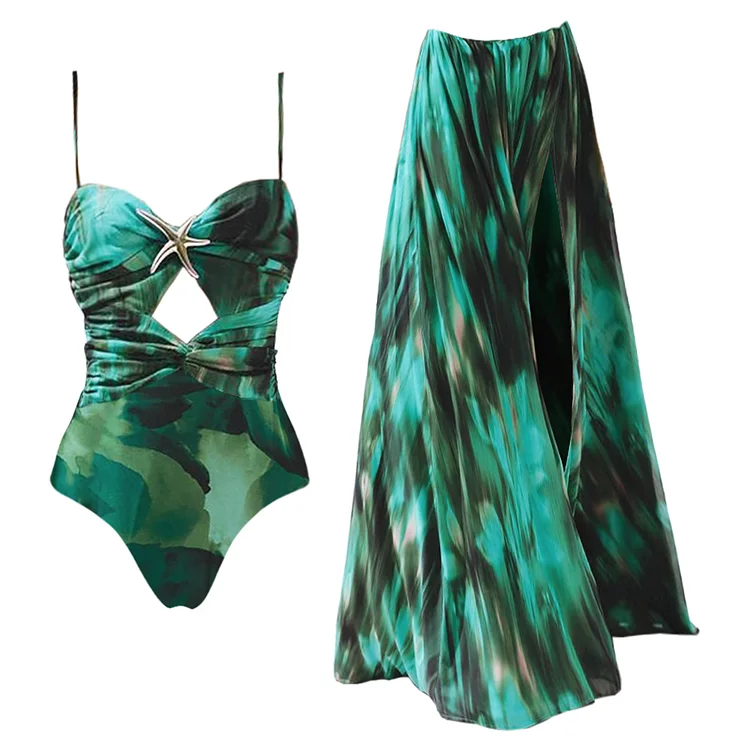 Green Printed Folds One Piece Swimsuit and Skirt