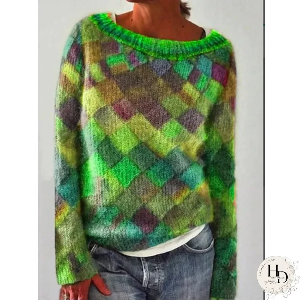 Turtleneck Collar Rhombic Long Sleeve Sweater Top