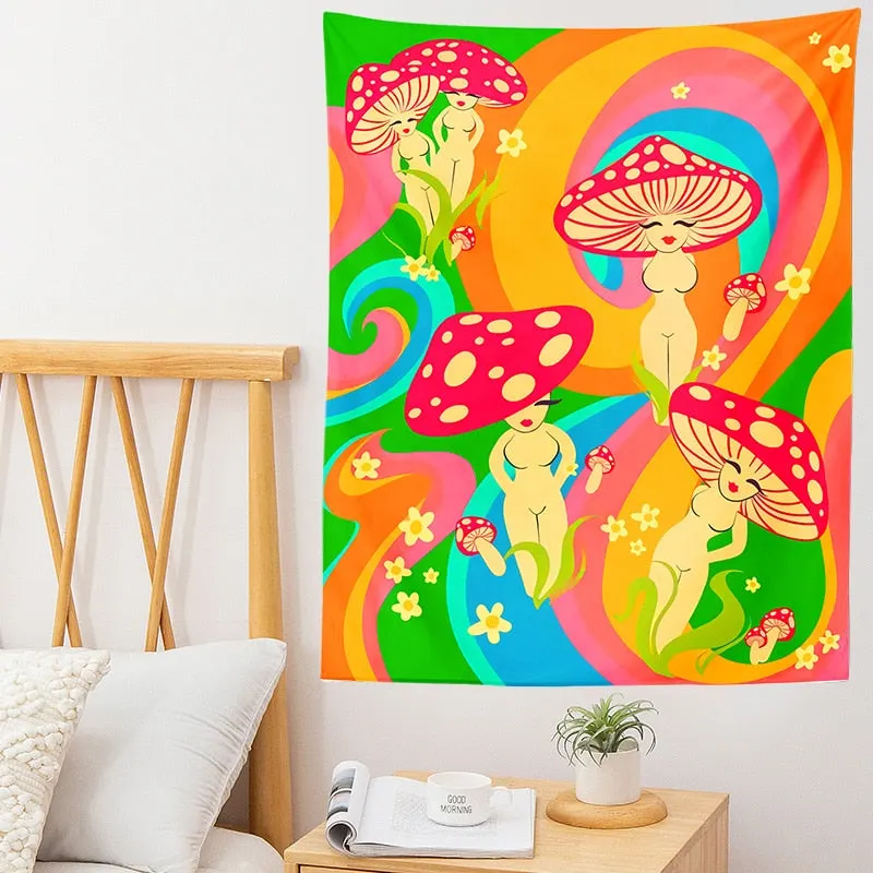 Psychedelic Mushroom girl Tapestry Wall Hanging Mushrooms Tapestries Bohemian Style Gypsy Hippie Mattress Tapestry Decor