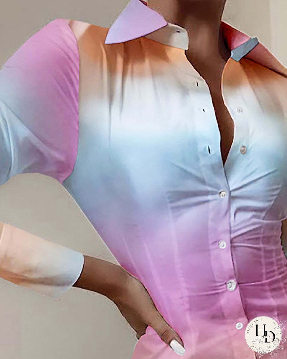 Ombre Colorblock Buttoned Skinny Shirt Dress