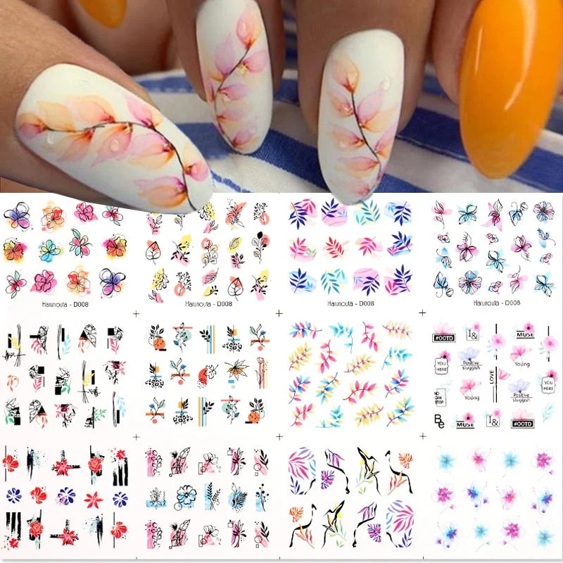 Harunouta 12pcs Simple Green Theme Water Decal Sticker Flower Leaf Tree Summer DIY Slider For Manicuring Nail Art Watermarks