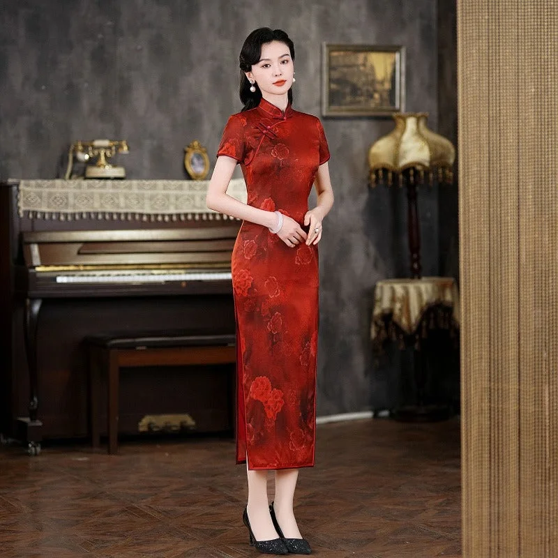 19 mome mulberry silk, floral pattern, high-end long Cheongsam