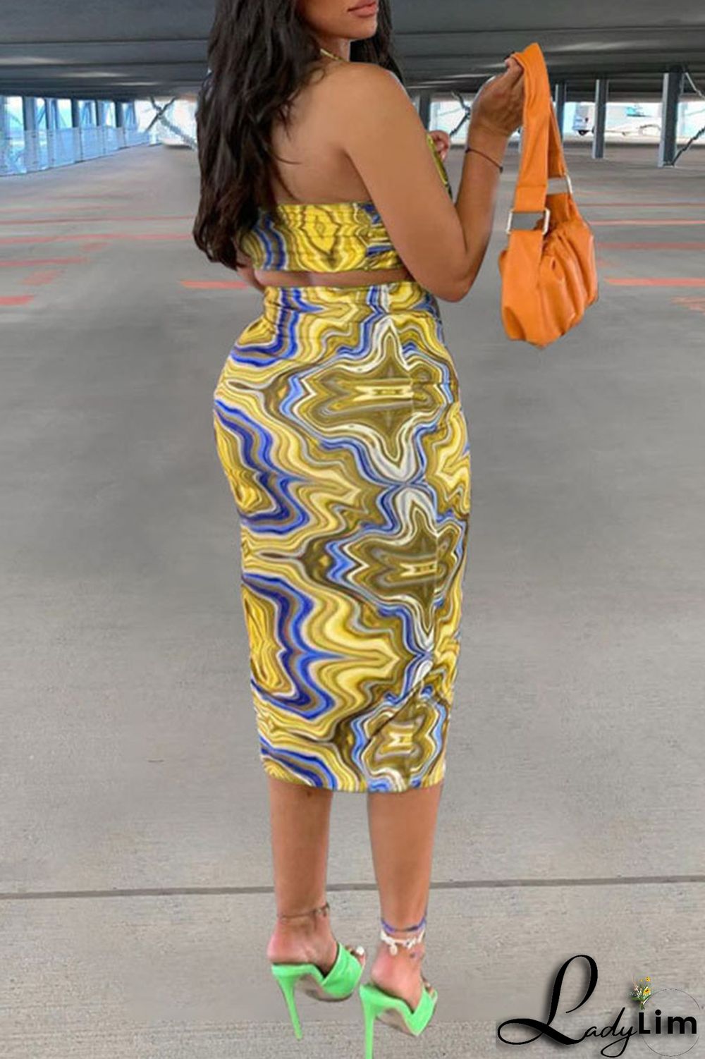 Royal Blue Sexy Print Patchwork Halter Plus Size Two Pieces