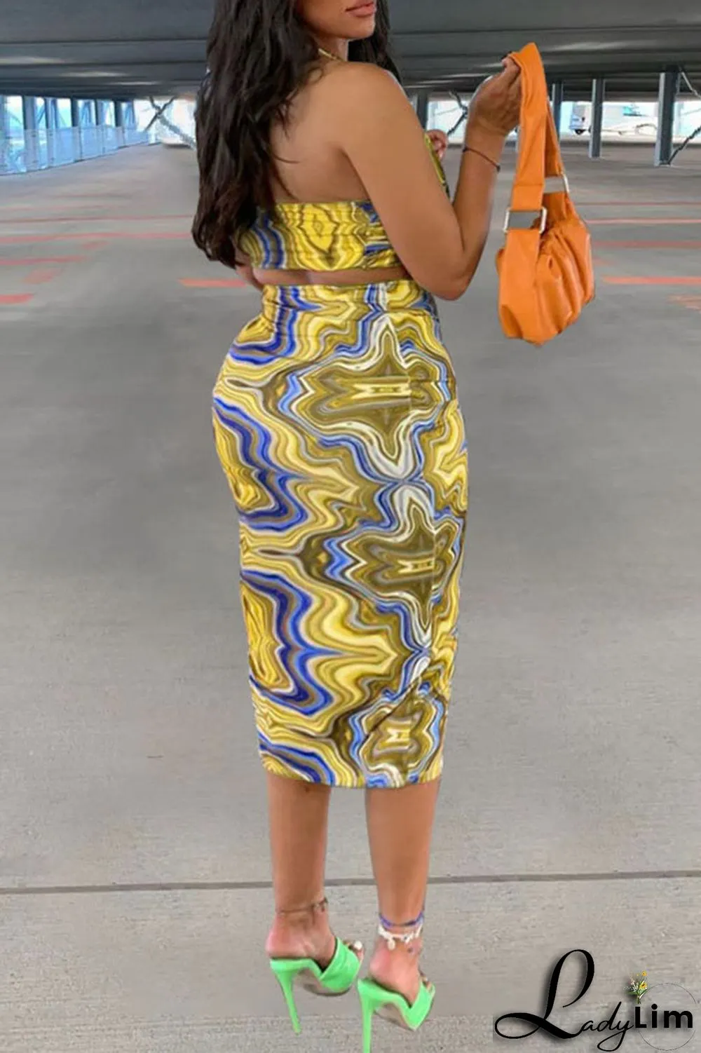 Royal Blue Sexy Print Patchwork Halter Plus Size Two Pieces