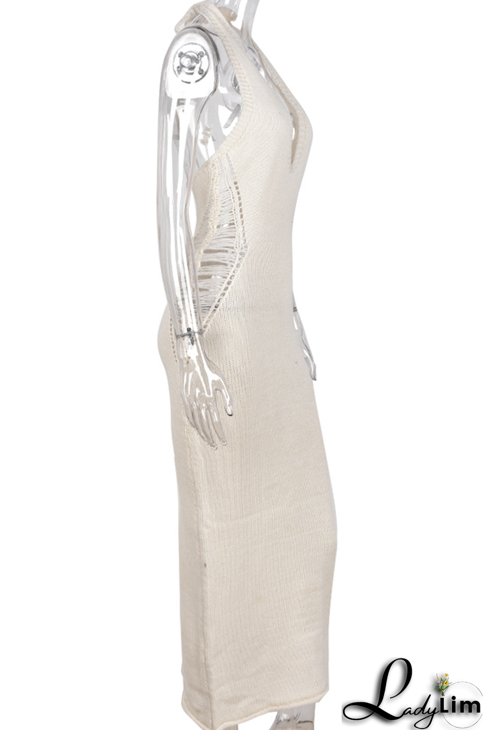 Apricot Sexy Solid Ripped Halter Pencil Skirt Dresses