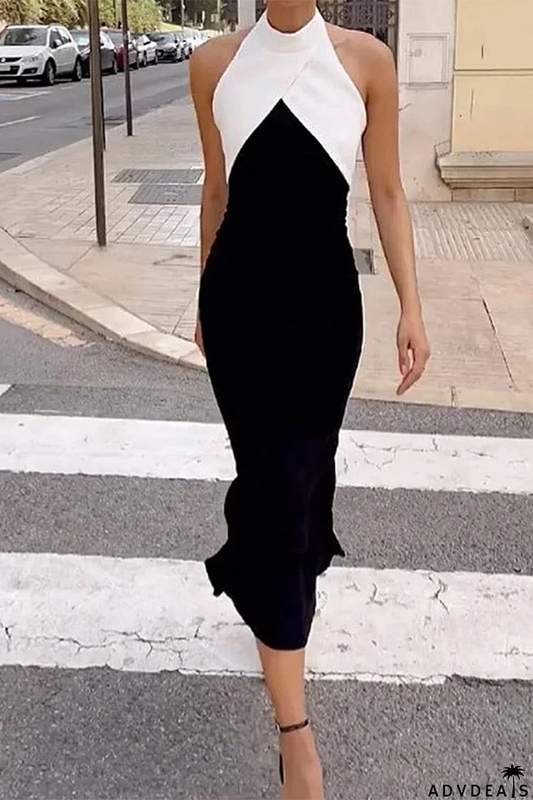 Elegant Solid Contrast Halter Sleeveless Dress Dresses