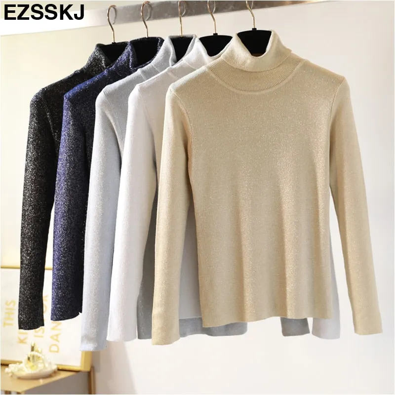 Glitter Turtleneck knit sweater Shinny Chic Women Sweaters And Pullovers spring Autumn thin bling Lurex slim baisc sweater