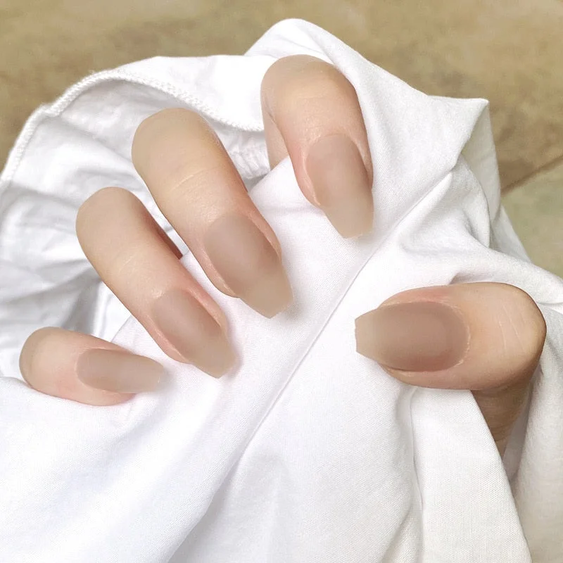 24pcs/box Khaki Pure Color Frosted Ballet matte Fake Nail press on Wearable Detachable Nail Tip Long Healthy full cover for Girl-Nail Inspo