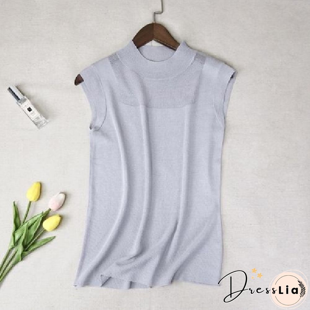Hollow Out Sleeveless Women Knitted T Shirts Turtleneck Black Lace Sexy Lady Vest T Shirts Pink Loose Summer Thin Knit Tops