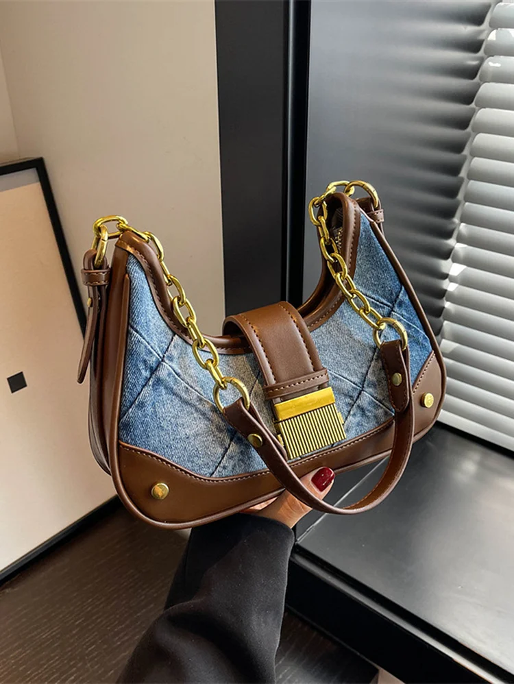 Retro Denim Patchwork Metal Half Chain Shoulder Bag
