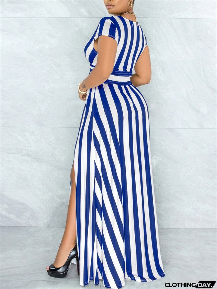 Fashion Sexy Stripe Deep-V Split Dresses