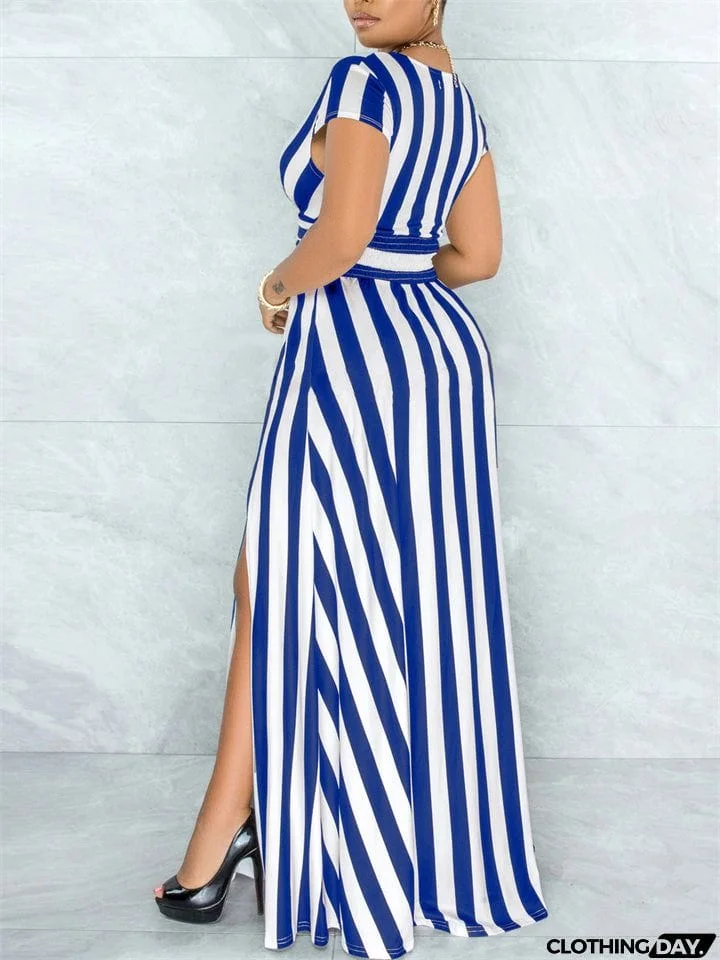 Fashion Sexy Stripe Deep-V Split Dresses