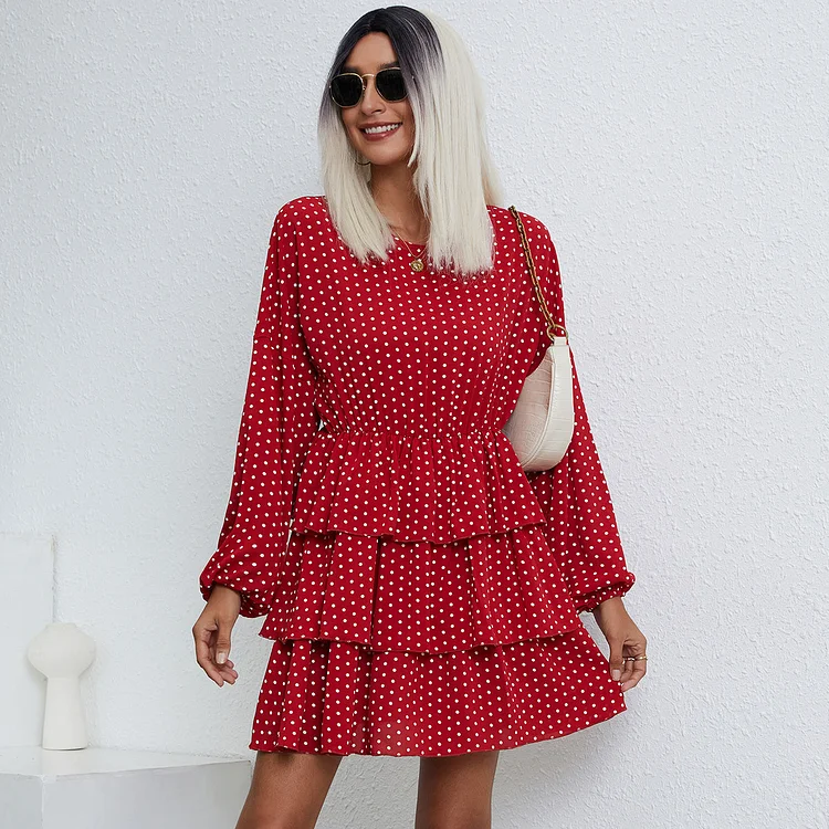Long Sleeve Dot Layered Mini Dress