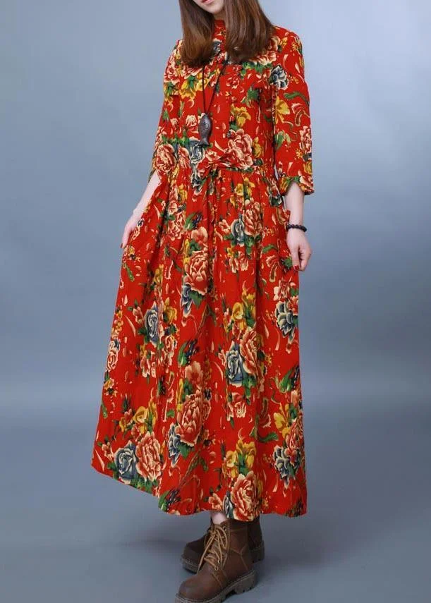 Beautiful Stand Collar Half Sleeve Spring Wardrobes Fashion Ideas Red peony Dresses