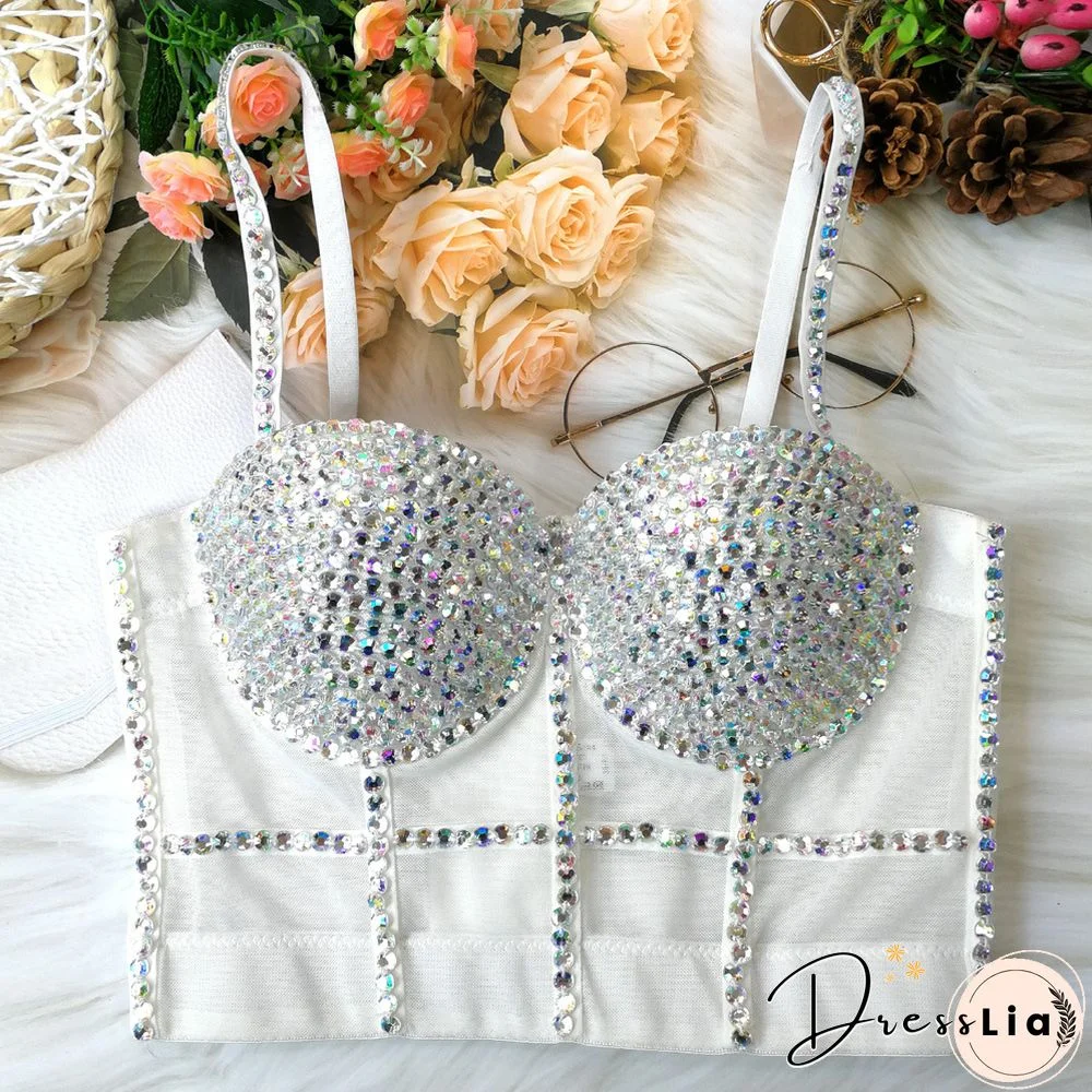 Multi Color Diamantes Women Sexy Push Up Crop Top Shiny Corset Bustier Camisole Nightclub Dance Camgirl Vest Black Nude