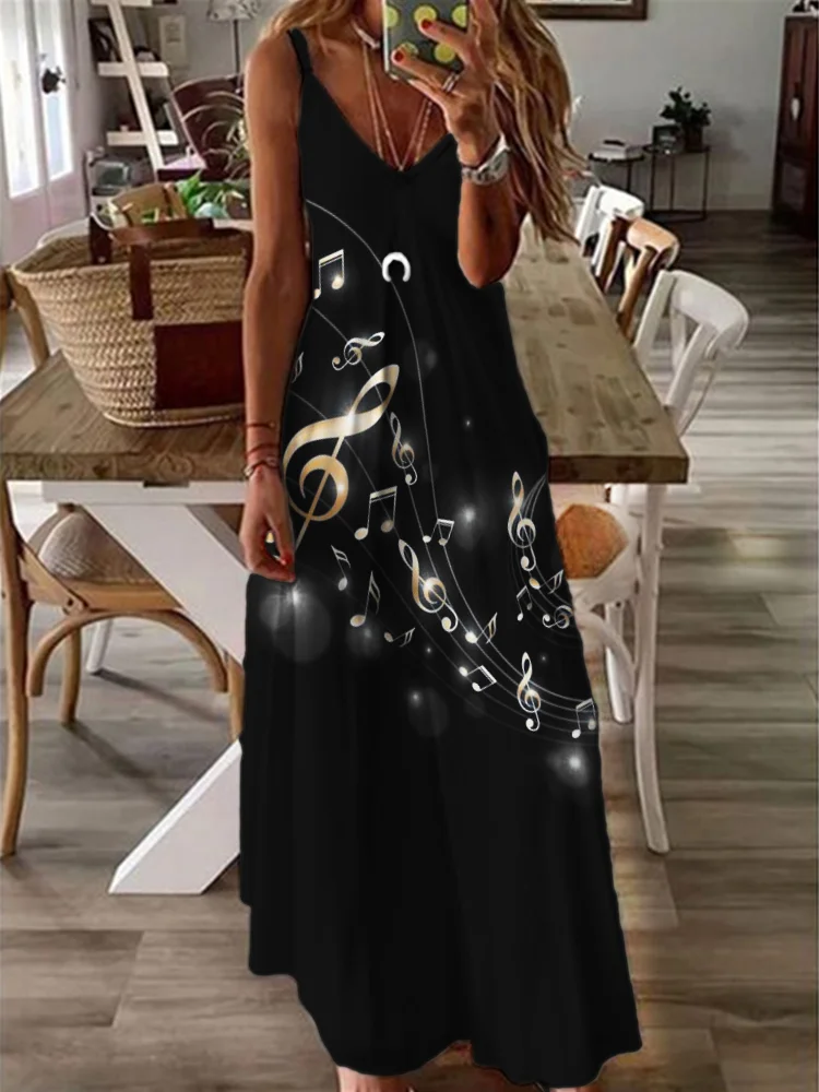 Glitter Music Notes V Neck Cami Maxi Dress