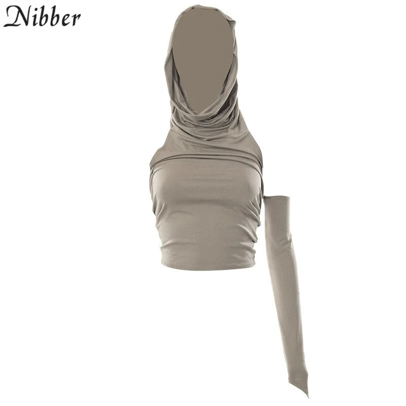 Nibber Spring Fashion Solid Color Hooded Single-Sleeve Blouse For Casual Women Go Out Street Club Wear Halter Short Top 2022