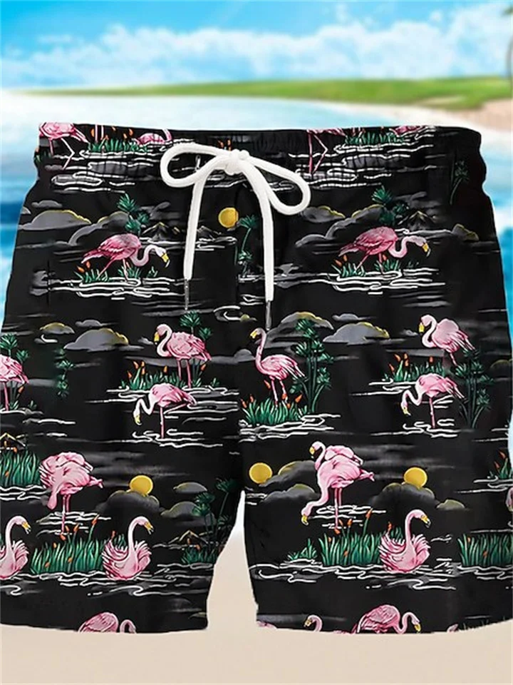 Flamingo Wave Pattern Printed Shorts Men's Summer Casual Pants