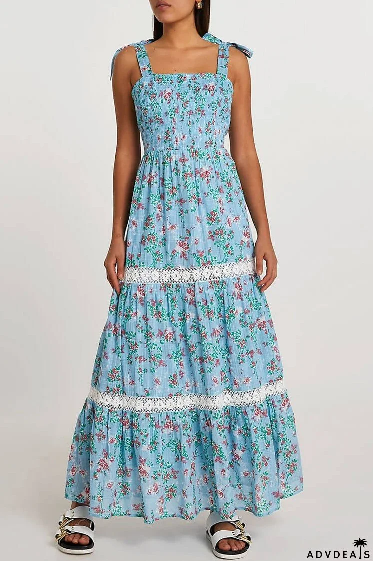 Flowy Daisy Floral Tie Strap Tiered Summer Maxi Sundress - Blue