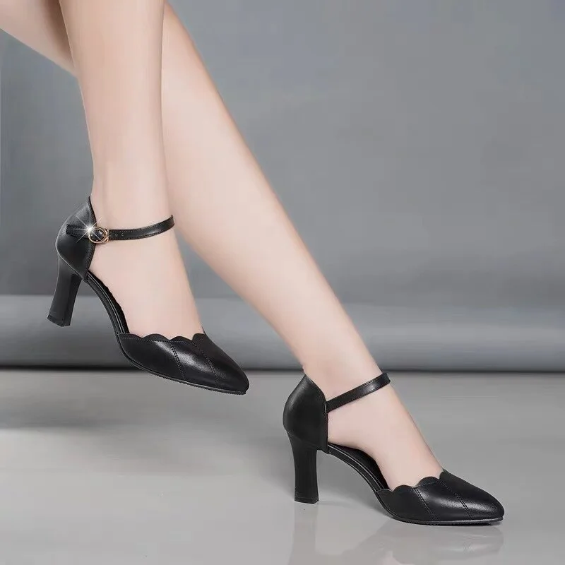 Qengg High-heeled Solid Color Sandals Female Fairy Style Summer New Baotou One-word Buckle Thick Heel Ladies Comfortable Shoes