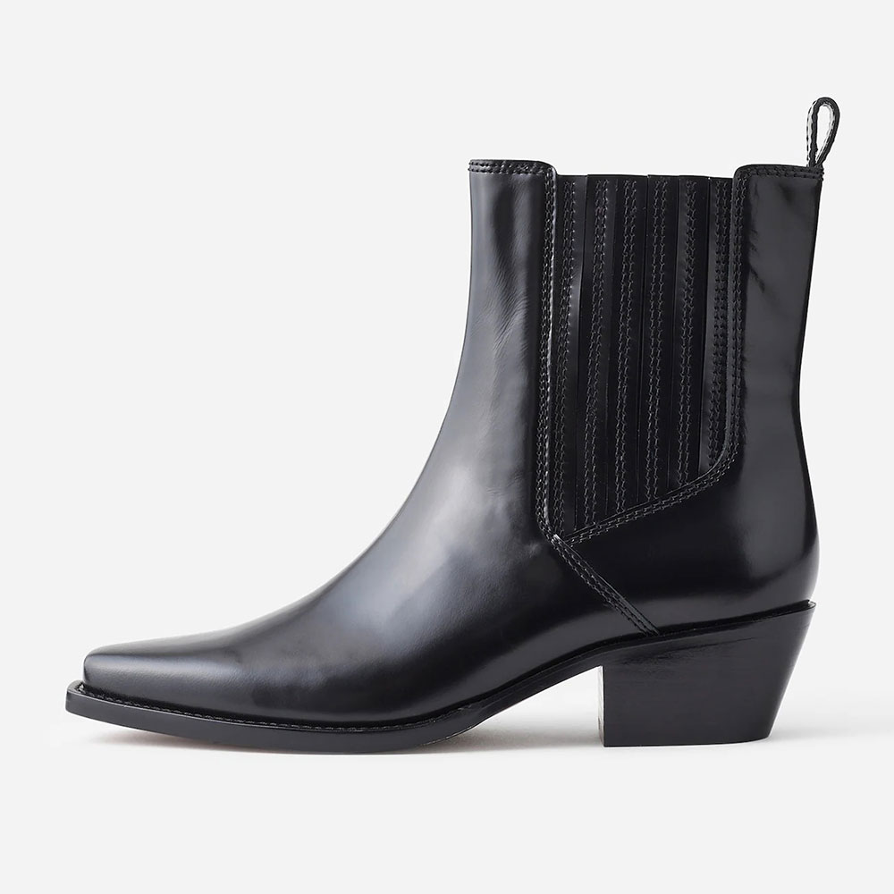 Black Vegan Leather Pull Tab Snip Toe Chunky Heel Chelsea Boots Women Nicepairs