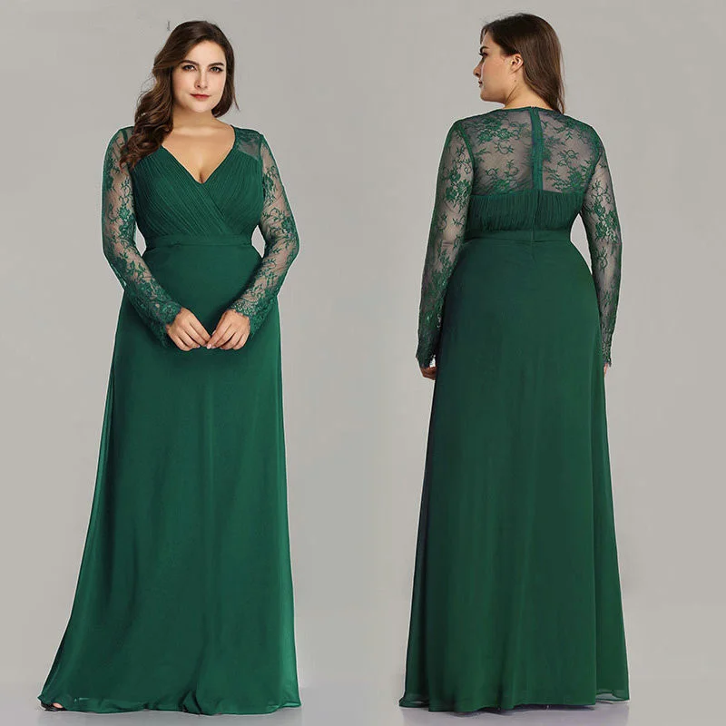 Plus Size Long Sleeve Lace V-Neck Evening Dress Online - lulusllly
