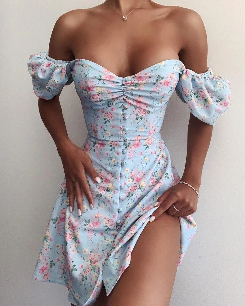 Flowers Strapless Dress A-Line Sweet Puff Sleeve Off Shoulder High Waist Dress Summer Party Vintage Chic Lady Backless Dress