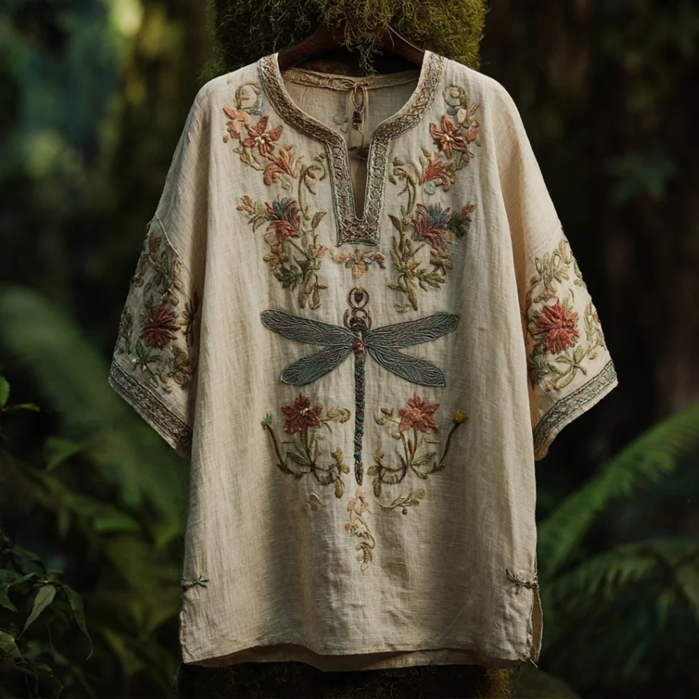 Bohemian Style Three-dimensional Plant, Flower, Dragonfly Embroidery Vintage V-neck Short-sleeved Shirt