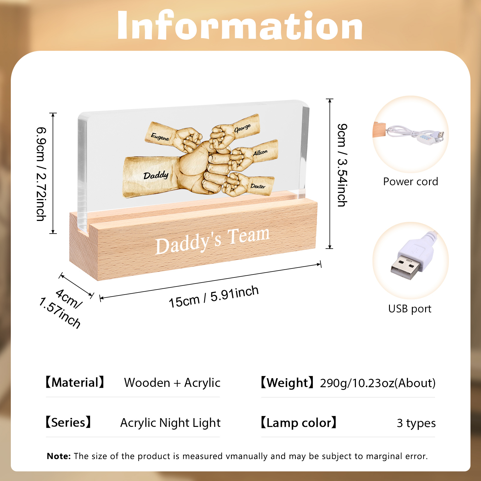 5 Names - Personalised Fist Bump Pattern Table Lamp Customized Text Father's Day Gift for Dad