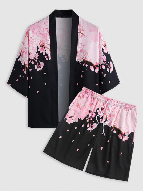 Open Front Cheery Blossom Kimono And Shorts