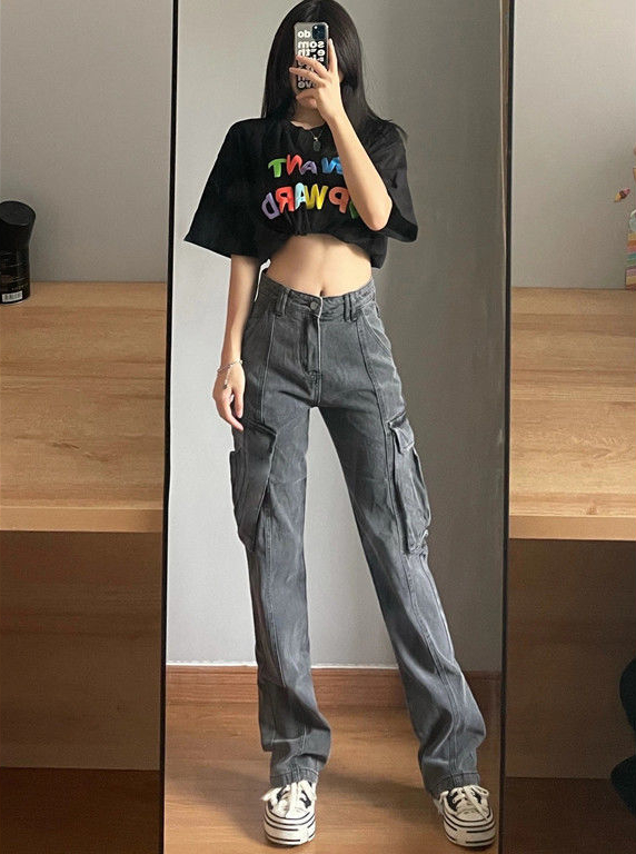 Rennue Grey Cargo Jeans Straight Women's Summer Trousers Long Fashion Elasticity Korean Loose Vintage Denim Jeans Pants for Women Trend
