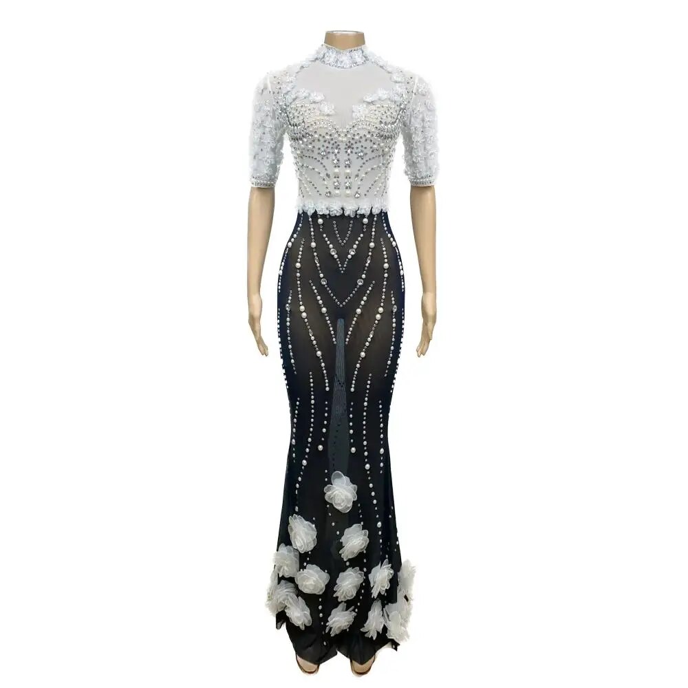 VCSHOES Model Singer Party Stage Performance Host Banquet Trailing Elastic Rhinestone Pearl Flower Dress Women Evening Celebrate Costume