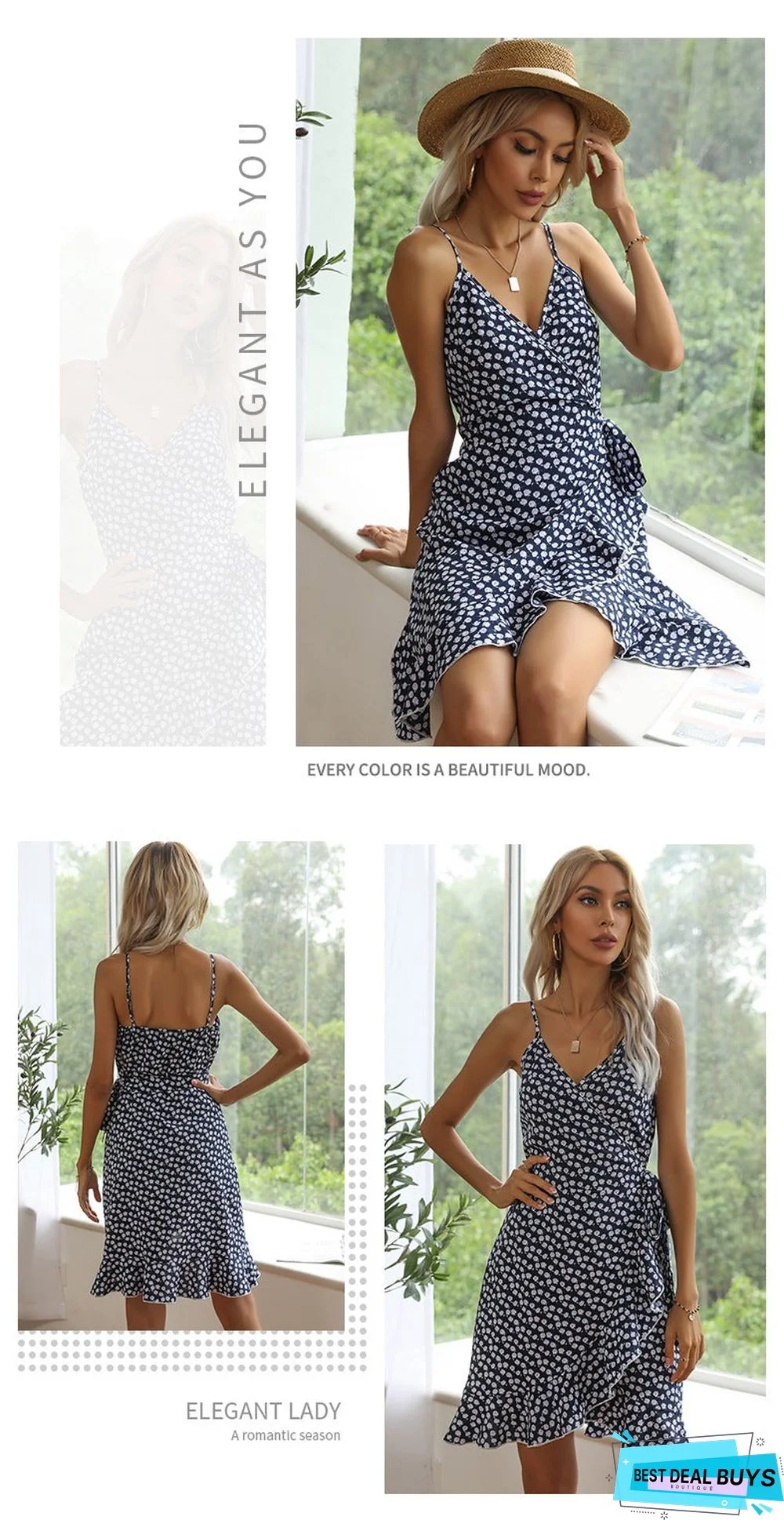 Summer Printing Irregular Ruffled Suspenders Dress Women