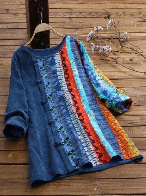 Corduroy Ethnic Long Sleeve A-Line Shirts & Tops